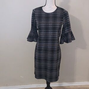 Emberley Black Plaid Midi Pencil Dress Bell Sleeves